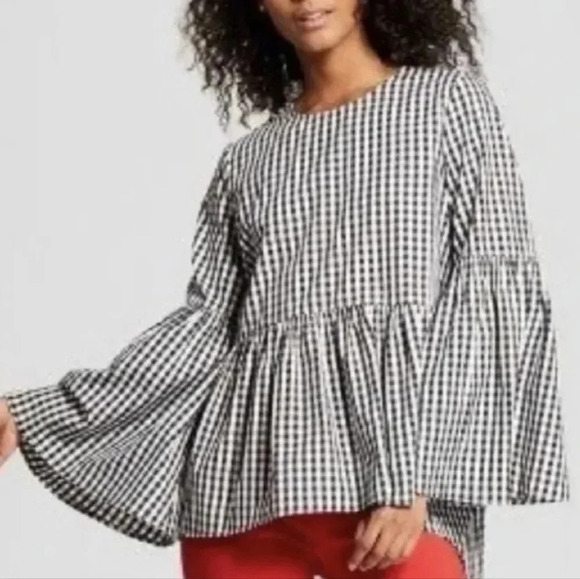 WHO WHAT WEAR, Black & White GINGHAM Print, Peplum Blouse W/BELL SLEEVE Size XS - Picture 6 of 6